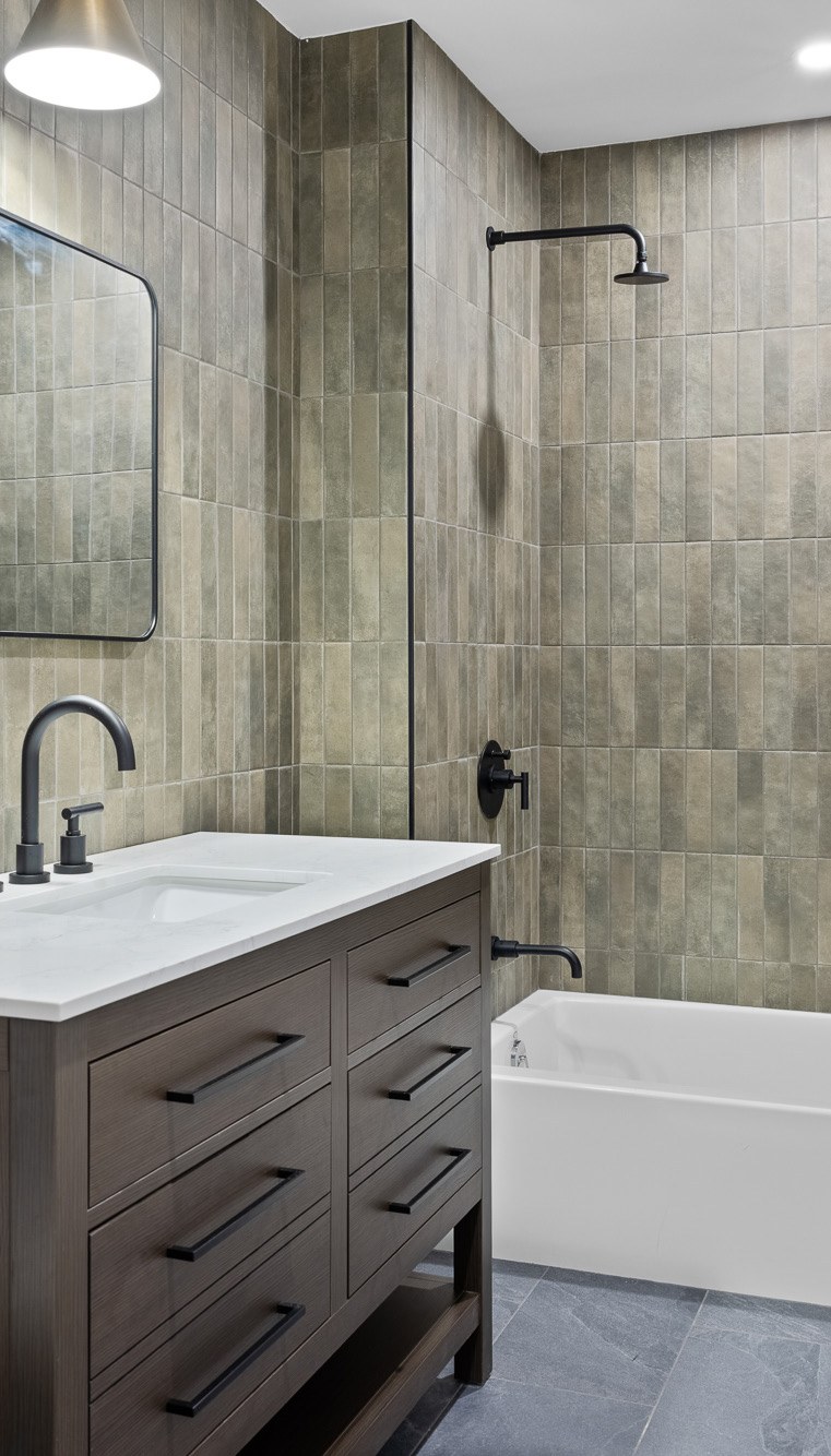 Guest bath with tiled shower, soaking tub and vanity