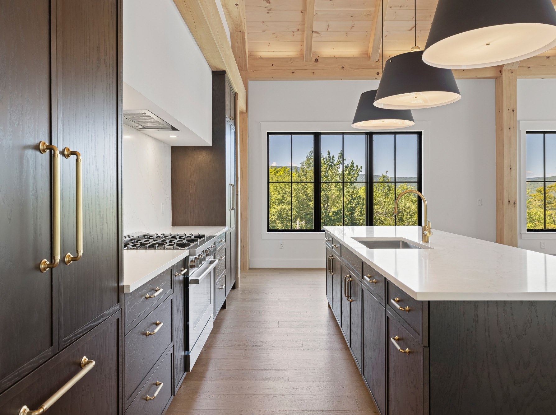 Chef's kitchen with Bosch appliances, dark cabinetry and oversized island